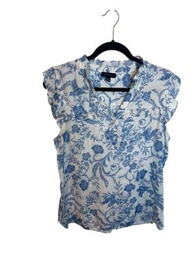 Tamara H Blue Floral Bird Flutter Sleeve Popover Blouse